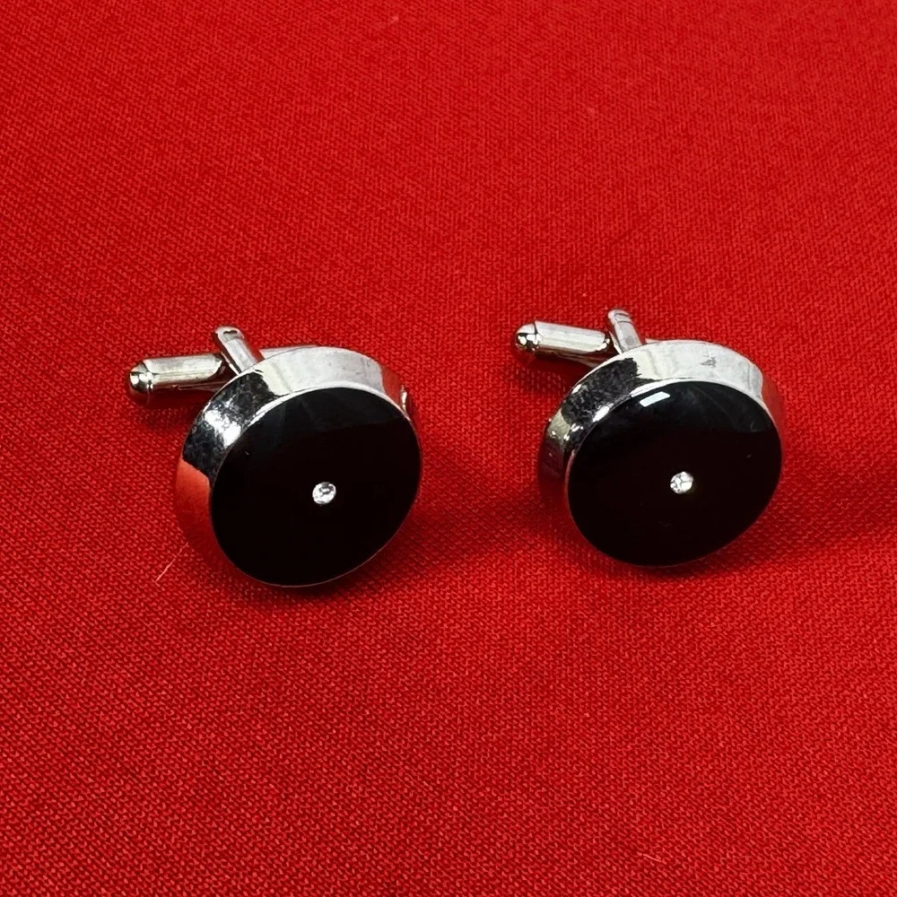 Vintage Men's Black Enamel Round Cufflinks With Faux‎ Diamonds